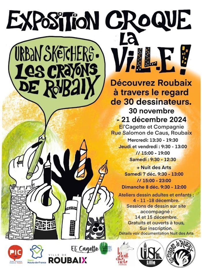 Expositions de dessins de la ville de Roubaix réalisés par 30 dessinateurs du Groupe Crayons de Roubaix. Dessins sur site croqués lors de 40 rdv à Roubaix depuis 2023.