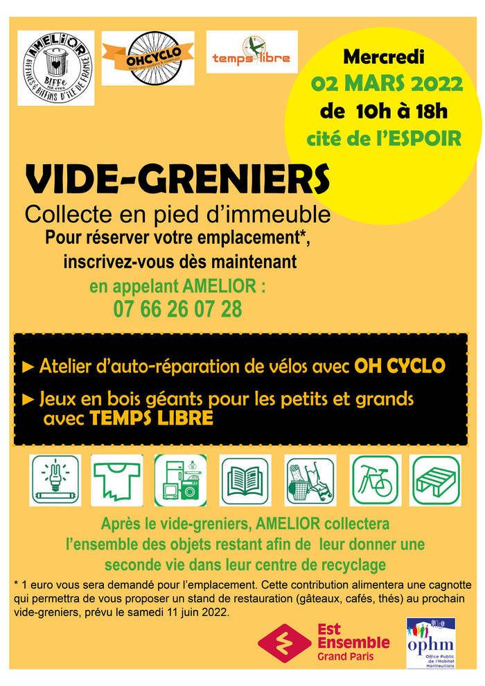 Vide grenier- collecte en pied d'immeuble- atelier réparation vélo- atelier jeux de bois