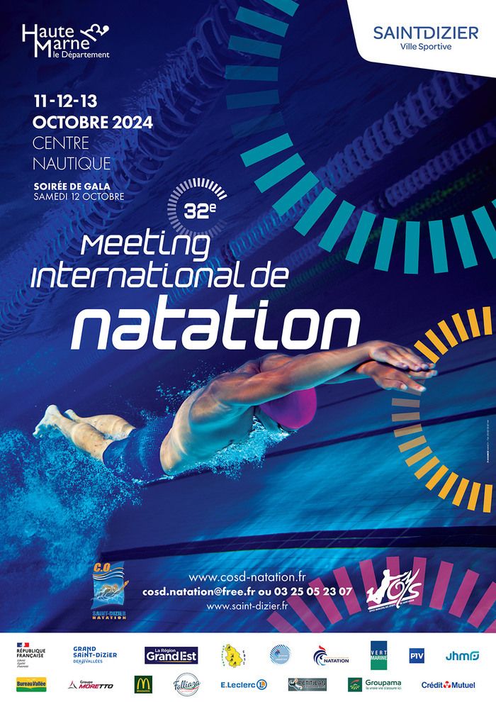 Le 32e Meeting International de Natation se déroulera du 11 au 13 octobre 2024 au Centre Nautique de Saint-Dizier. Une soirée de gala est prévue le 12 octobre.