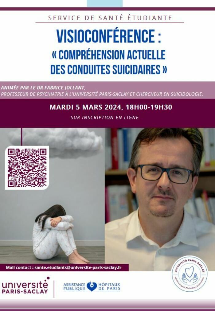 Conférence en ligne animée par le Dr Fabrice Jollant, professeur de psychiatrie à l'Université Paris-Saclay et chercheur en suicidologie.