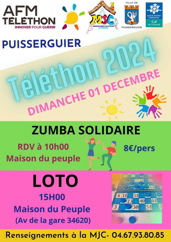 Rdv pour le téléthon le Dimanche 1er décembre à la maison du peuple à 10h00 pour une zumba solidaire d’1h30 et à 15h00 pour un grand loto.