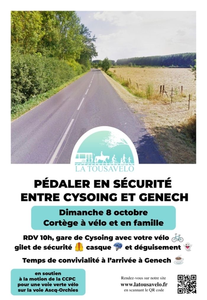 Venez avec votre vélo, votre gilet de sécurité, votre casque, accompagné•e, déguisé•e et avec votre bonne humeur, pour alerter sur la dangerosité de rouler à vélo sur la D90 entre Cysoing et Genech.