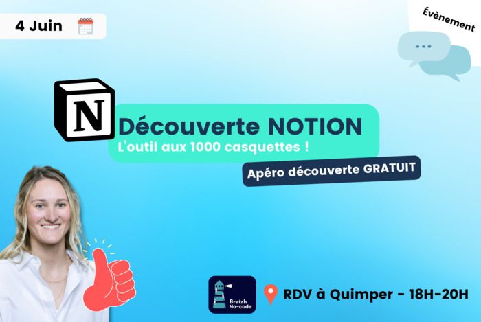 Venez découvrir Notion le temps d'un apéritif avec Breizh No-code !
Au programme : Introduction à l'univers de l'outil notion, un outil aux 1000 facettes