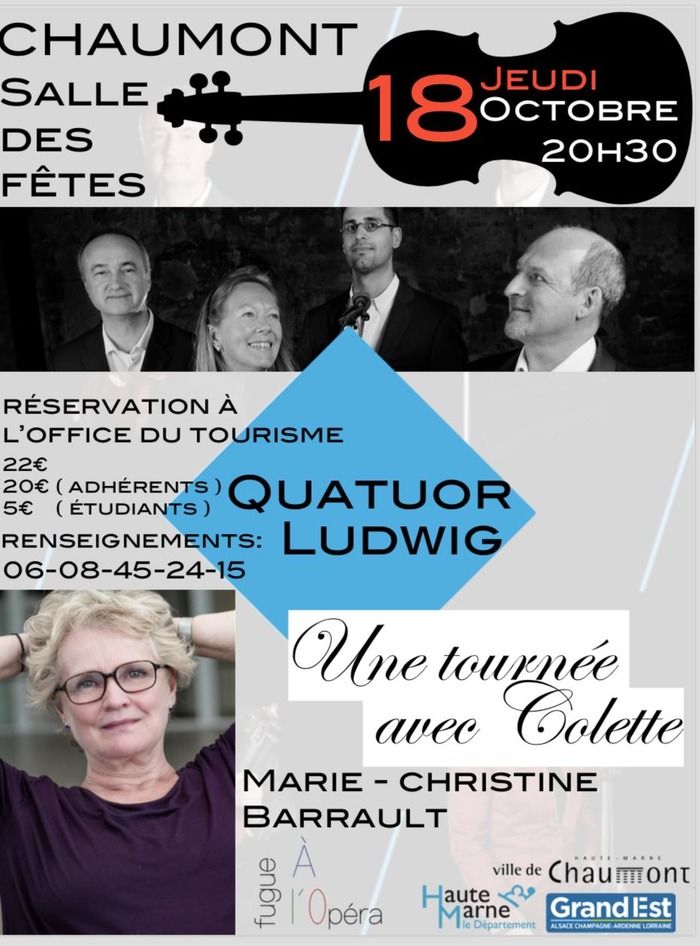 Marie Christine Barrault évoque les textes écrits par Colette- comédienne lors de sa première tournée. Le Quatuor Ludwig illustre musicalement avec Debussy, Ravel...