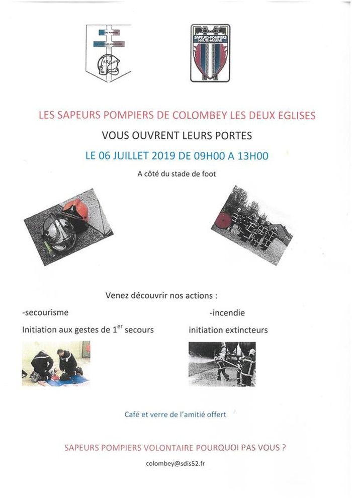 Les sapeurs pompiers du centre de secours de Colombey les Deux Églises vous ouvrent leurs portes le samedi 6 juillet de 9h00 à 13h00.