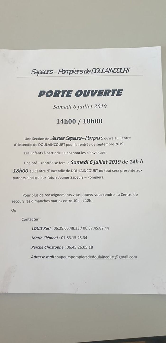 Les sapeurs pompiers de Doulaincourt vous ouvrent leurs portes le samedi 6 juillet de 14h00 à 18h00. Venez nombreux !