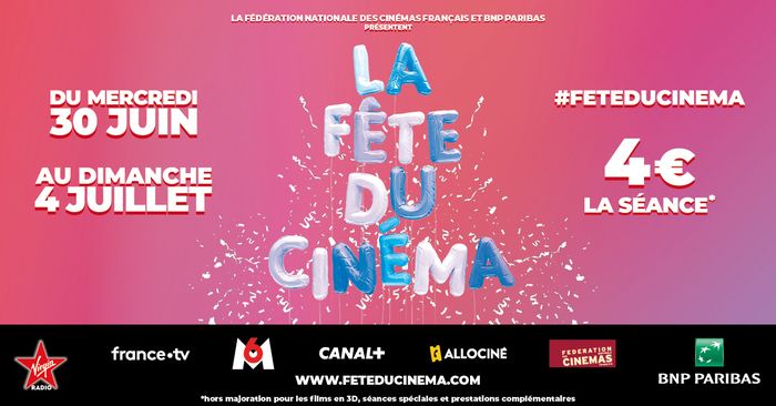 La fête du cinéma, c'est du 30 Juin au 3 Juillet 2019 ! 4 jours de cinéma au tarif exceptionnel de 4€ la séance dans tous les cinémas de France.