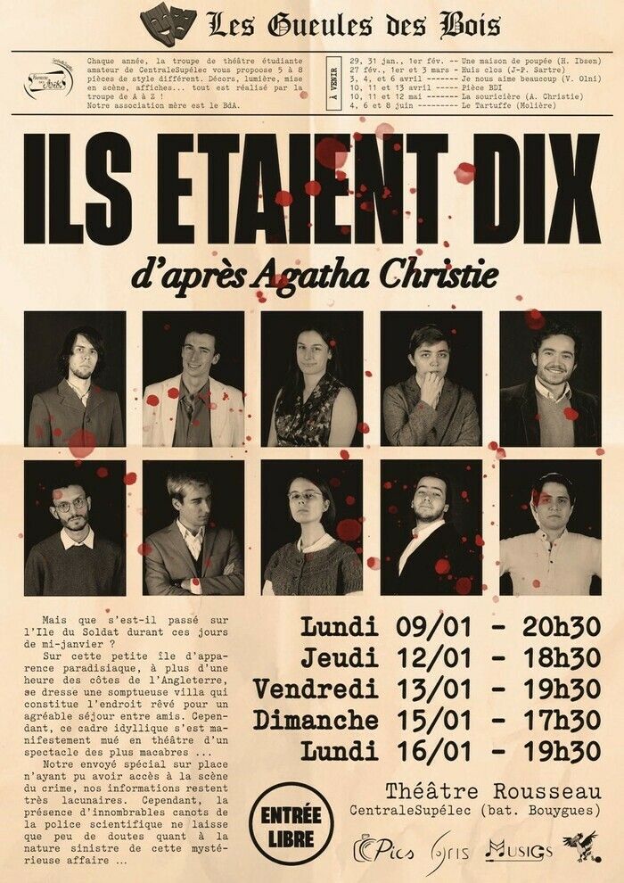 Le club de théâtre de Centralesupélec vous invite à la représentation de la pièce d'Agatha Christie, "Ils étaient Dix"