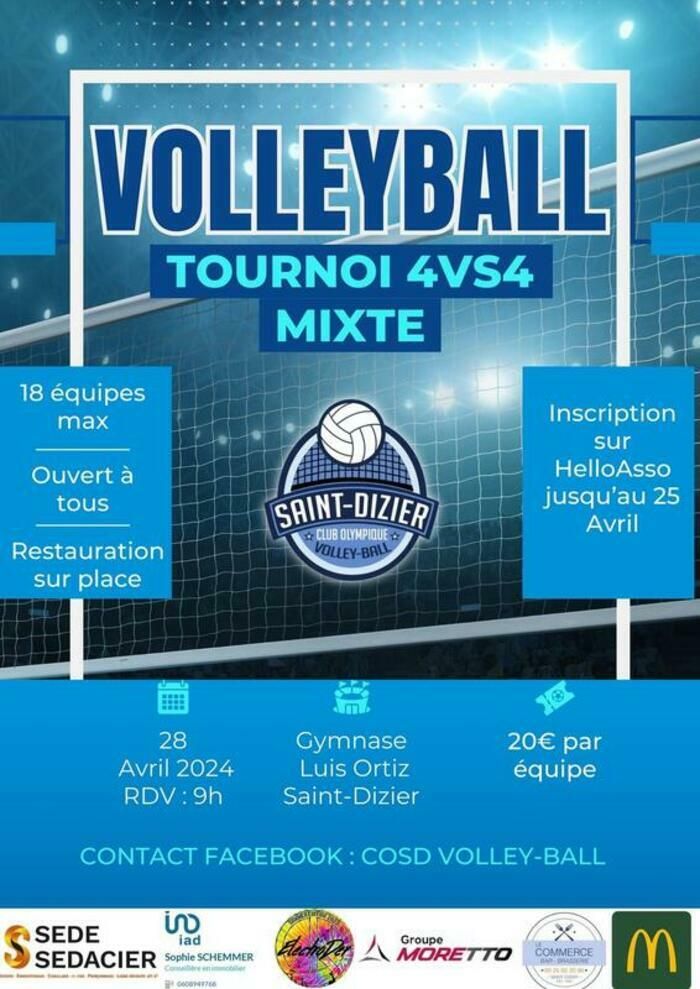 Tournoi de volley par équipe de 4 joueurs/ses.
    Ouvert à tous / 18 équipes maximum
    Inscription sur HelloAsso jusqu'au 25 avril/ 20.00 € par équipe / Petite restauration sur place
    Rdv 9h - Gymna...