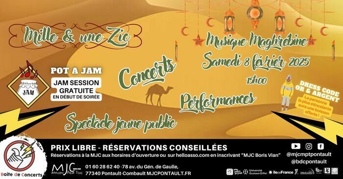 Un Concert de musique magrébine, avec une partie dédiée au jeune public à partir de 15h, une jam session en début de soirée et des concerts dansés ponctuerons la soirée.