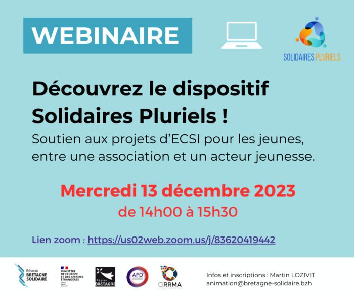 Le réseau Bretagne Solidaire présente le dispositif Solidaires Pluriels, mercredi 06 décembre à 14h00 [en ligne]. Un webinaire spécial projets en partenariat avec un acteur de l'éducation populaire.