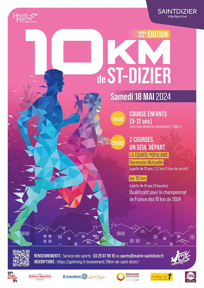 La 22e édition des 10 km de Saint-Dizier, qualificative pour les championnats de France, se déroulera le samedi 16 mai 2024.