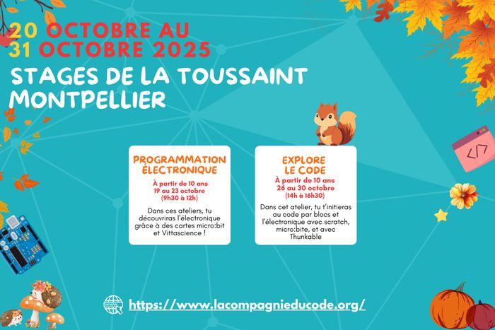 Stages vacances de la Toussaint à Montpellier : découvrez nos ateliers autour du code, de l’électronique et de la création numérique pour les enfants dès 10 ans.Places limitées, inscriptions ouvertes.