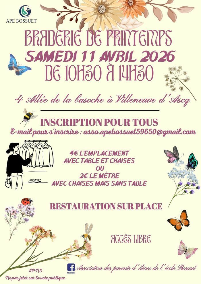 L'association des parents d'élèves de l'école Bossuet propose le 11 avril prochain, de 10h30 à 14h30, une braderie de printemps !