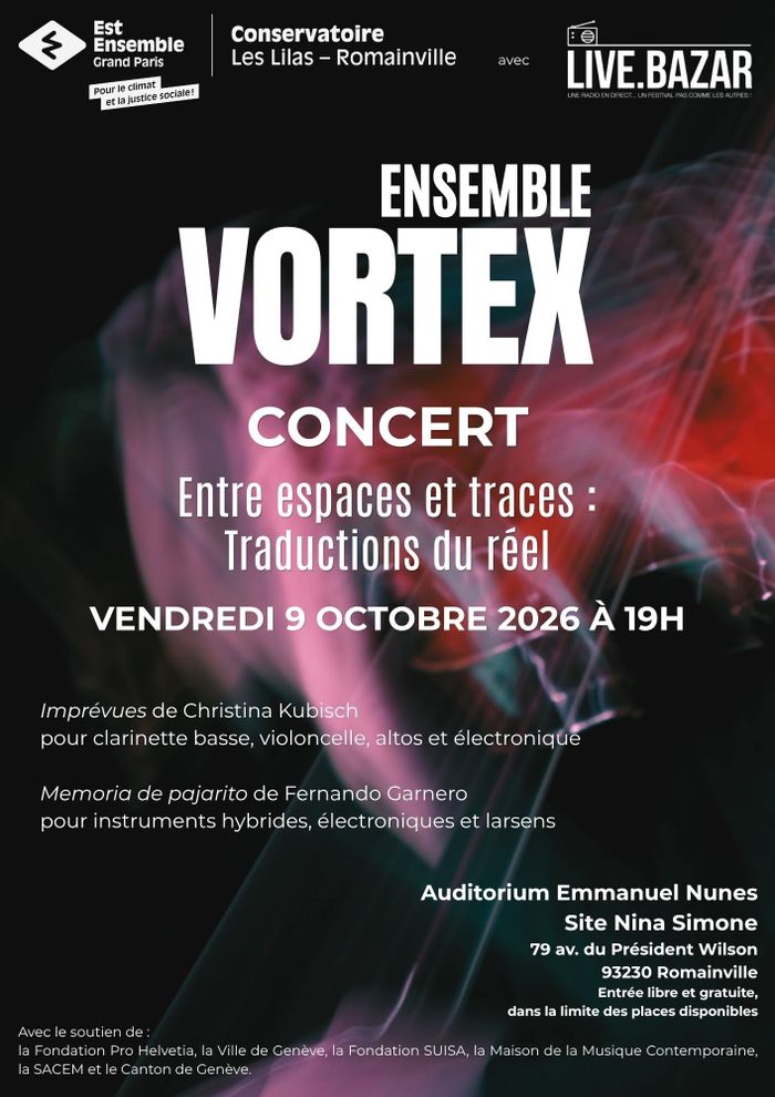 L’ensemble Vortex basé à Genève réunit deux nouvelles œuvres de Christina Kubisch et Fernando Garnero au conservatoire Les Lilas-Romainville pour une soirée autour de la création contemporaine.