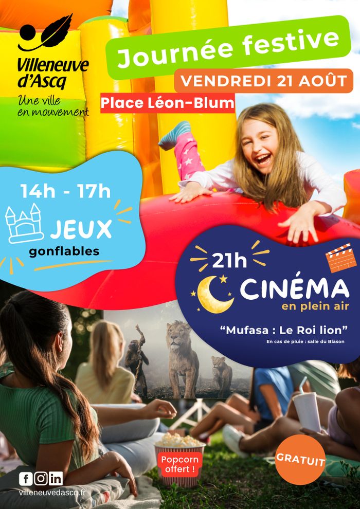 Vendredi 21 août 2026, rendez-vous place Léon-Blum dès 14h pour une après-midi festive avec jeux gonflables suivie à 21h  d'une séance de ciné en plein air à la tombée de la nuit ! Gratuit !