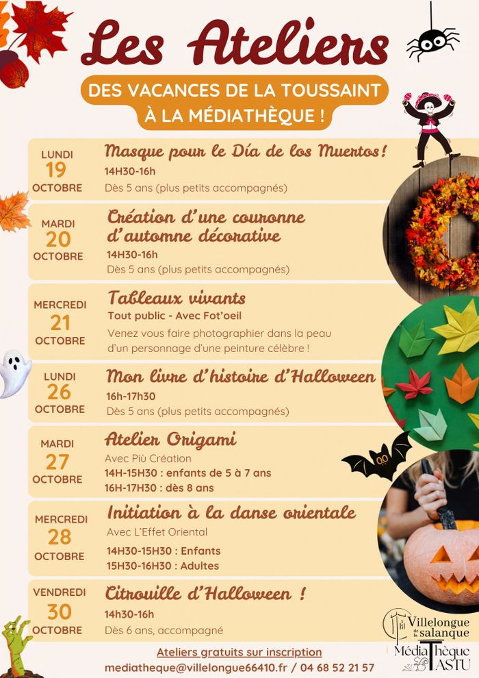 La Médiathèque J. Tastu de Villelongue de la Salanque propose plusieurs ateliers gratuits pendant les vacances de la Toussaint, sur inscription.
