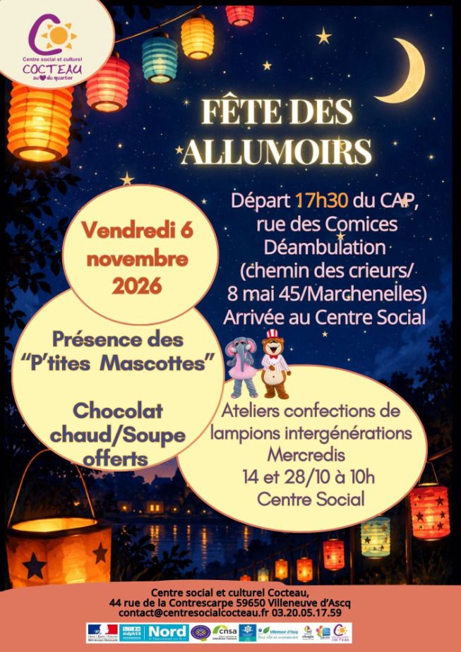 Participez à la Fête des allumoirs le vendredi 6 novembre à partir de 17h30, avec une déambulation du CAP jusqu’au Centre social Cocteau. Des ateliers lampions sont proposés les 14 et 28 octobre.