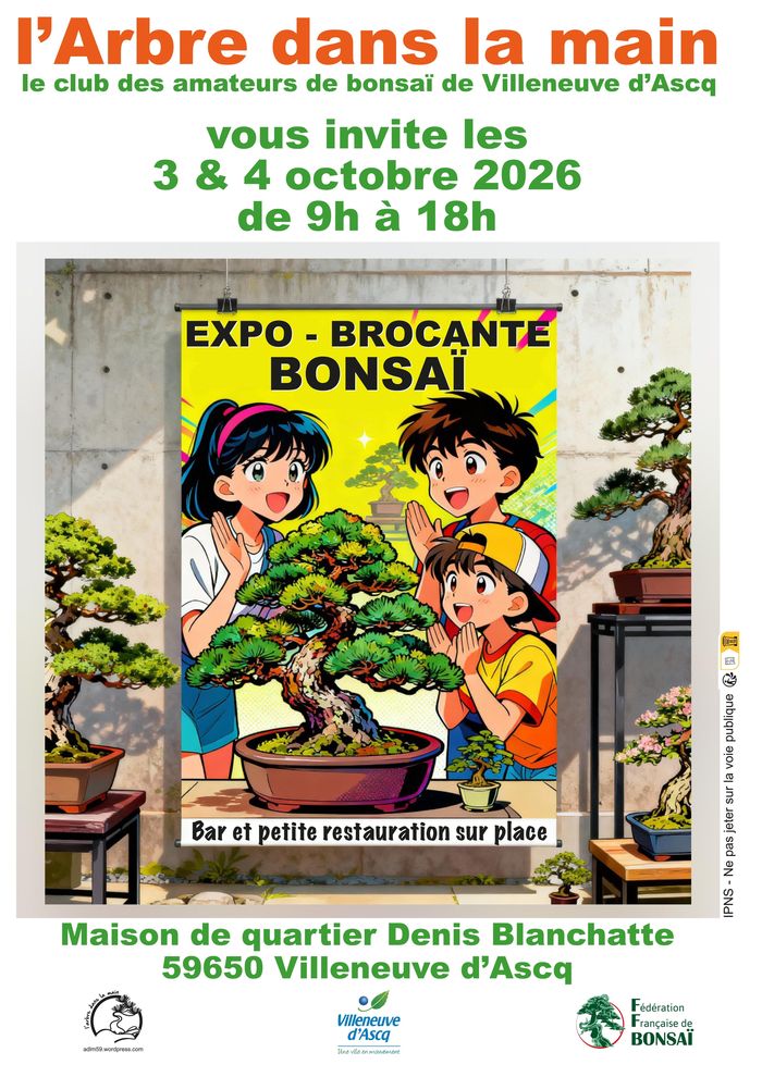 L’association, L’Arbre dans la main vous invite les 3 et 4 octobre prochain, de 9h à 18h pour une exposition de bonsaïs et une brocante à la maison de quartier Denis Blanchatte.