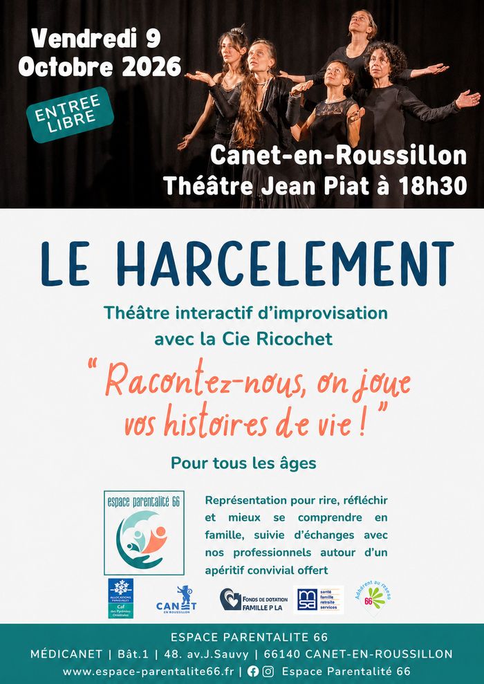 Soirée théâtre interactive sur le thème du harcèlement, proposée par la compagnie Ricochet. Pour toute la famille, le vendredi 9 octobre 2026 à 18h30 au Théâtre Jean Piat à Canet-en-Roussillon.