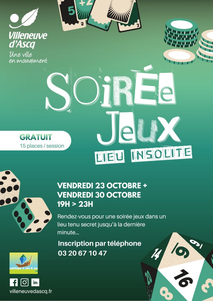 Participez à une soirée jeux dans un lieu insolite, tenu secret jusqu’à la dernière minute. Deux sessions sont proposées les vendredis 23 et 30 octobre.