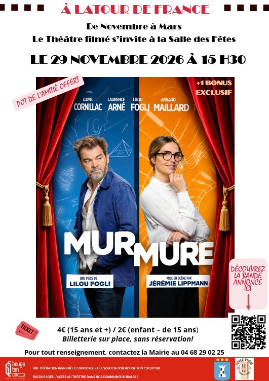 Projection d'une pièce de théâtre, 5 mois, 5 rdv.1ère séance: "Murmure" le dimanche 29 novembre à 15h30 à la salle des fêtes de Latour de France. Pot de l'amitié offert