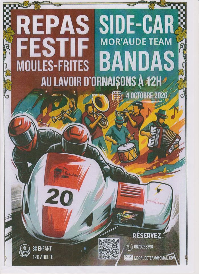 Pour fêter dignement la fin de saison le Team Mor'Aude ( Team de course de vitesse en Side Car) organise le  4 Octobre à Ornaisons un repas Moules/Frites.  Bandas  et petite exposition  de véhicules