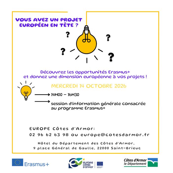 Le Département des Côtes d’Armor a le plaisir de vous inviter à une session d’information générale consacrée au programme Erasmus+, organisée en partenariat avec Eléo Conseil.