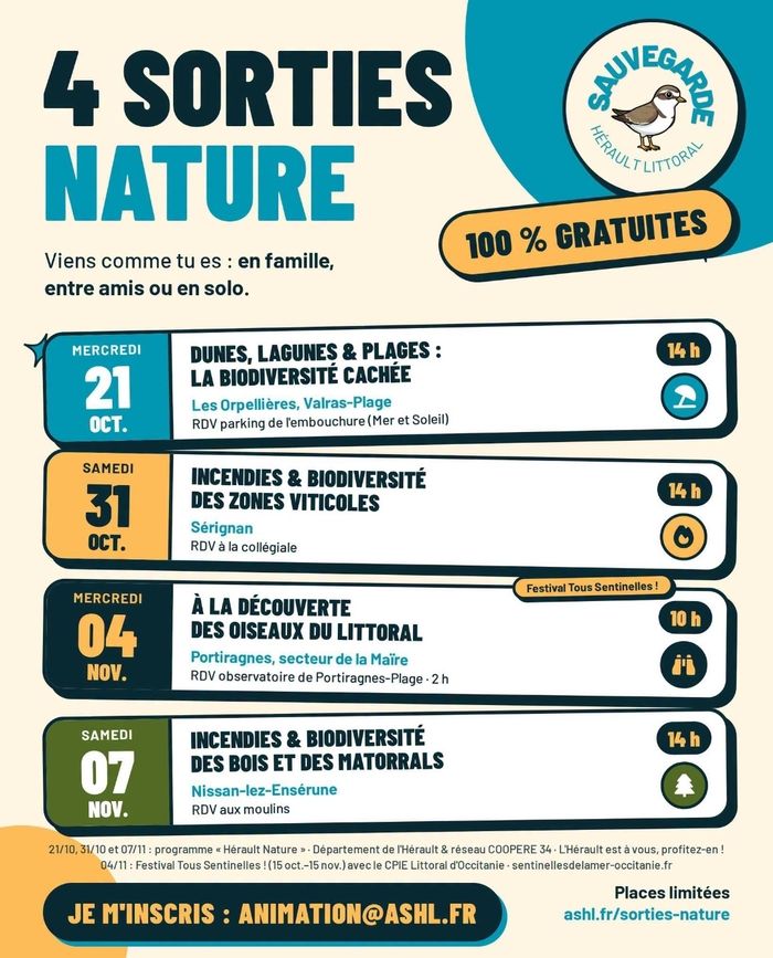 Une balade entre dunes, lagunes et plages, à la découverte de la biodiversité cachée. Proposée par l'association Sauvegarde Hérault Littoral