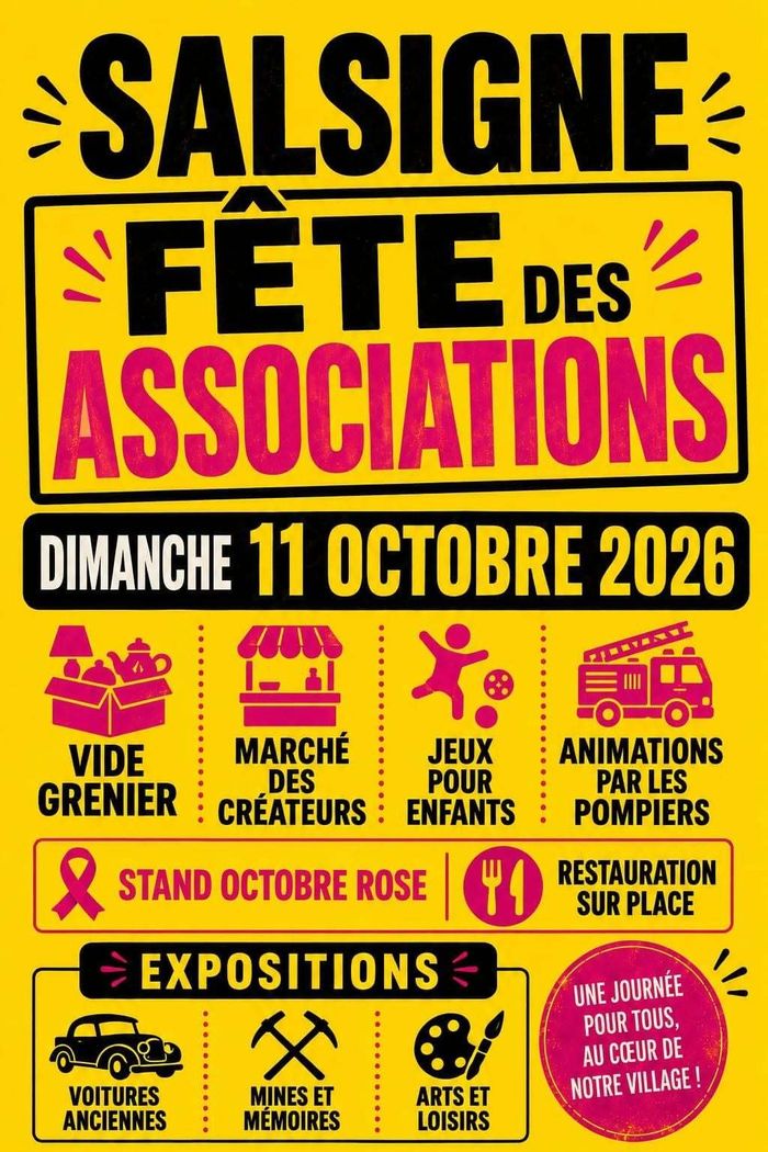 🌸 Journée des Associations & Octobre Rose à Salsigne ! Dimanche 11 octobre, de 8h à 17h : marché, vide-grenier, animations, patrimoine, expos, jeux, restauration et convivialité au rendez-vous !