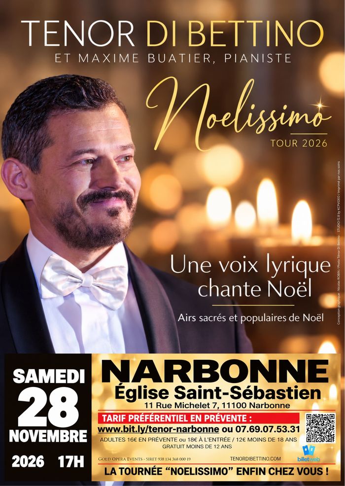 Accompagné du pianiste Maxime Buatier, le Ténor Di Bettino interprétera les airs incontournables de Noël : "Douce Nuit", "Mon beau sapin", "Minuit Chrétiens", "Panis Angelicus", "White Christmas"...