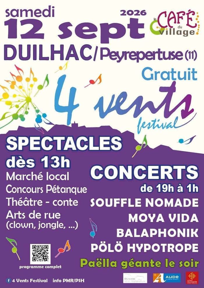 Nous sommes heureux de vous donner rendez-vous le samedi 12 septembre 2026 à Duilhac-sous-Peyrepertuse, pour la 5ème édition du 4 Vents Festival, un événement entièrement gratuit et ouvert à tous