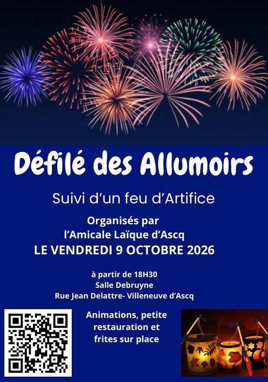 Défilé des Allumoirs : une balade festive et musicale à Ascq où enfants et parents défilent avec leurs allumoirs, suivie d’une restauration sur place et d’un feu d’artifice.