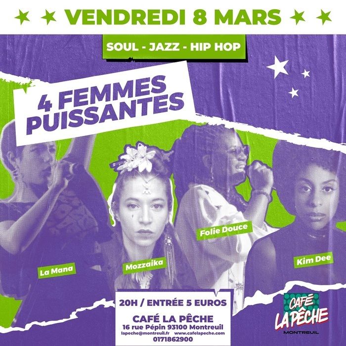 Le Café la Pêche accompagne 4 femmes artistes qui partagent un univers musical hybride teinté de hip hop que ce soit dans la musique ou dans l'écriture des textes.