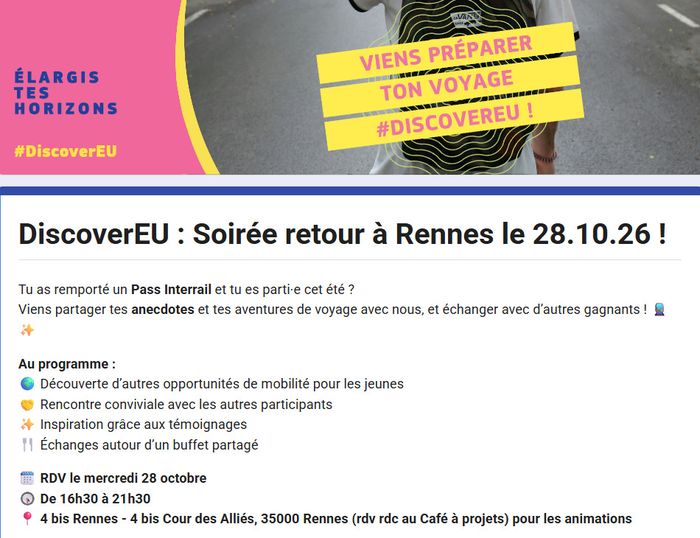 Le 4 bis Information jeunesse et le CRIJ Bretagne en partenariat avec l'agence Erasmus + JS organisent un temps de prépa retour pour les lauréats de Discover Eu et Discover EU inclusion le 28.10.26