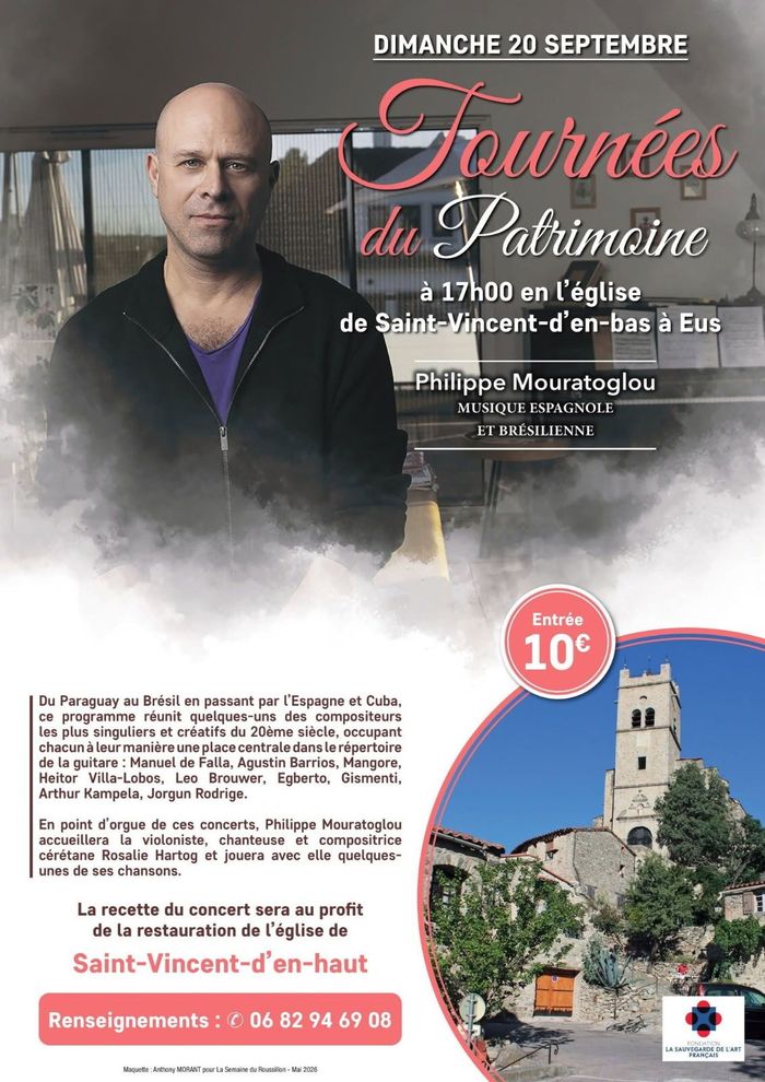 Concert de Philippe MOURATOGLOU à l'Eglise Saint Vincent du BAS au profit de la restauration de l'Eglise Saint Vincent du HAUT. Musiques du Paraguay au Brésil en passant par l’Espagne et Cuba,