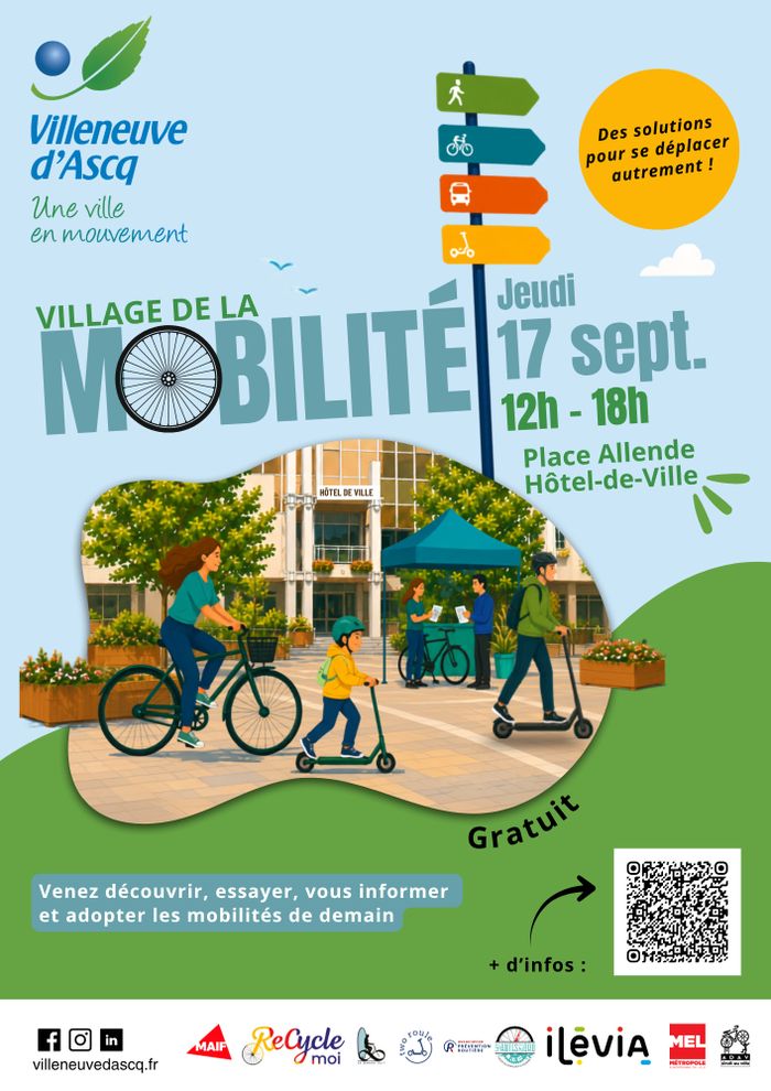 La Ville de Villeneuve d'Ascq organise un village de la mobilité jeudi 17 septembre 2026 de 12h à 18h, place Allende : venez découvrir, essayer, vous informer et adopter les mobilités de demain