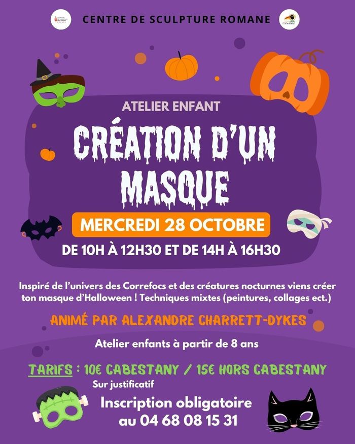 Le mercredi 28 octobre, le Centre de Sculpture Romane de Cabestany propose un atelier enfant spécial Halloween : « Création d’un masque » !