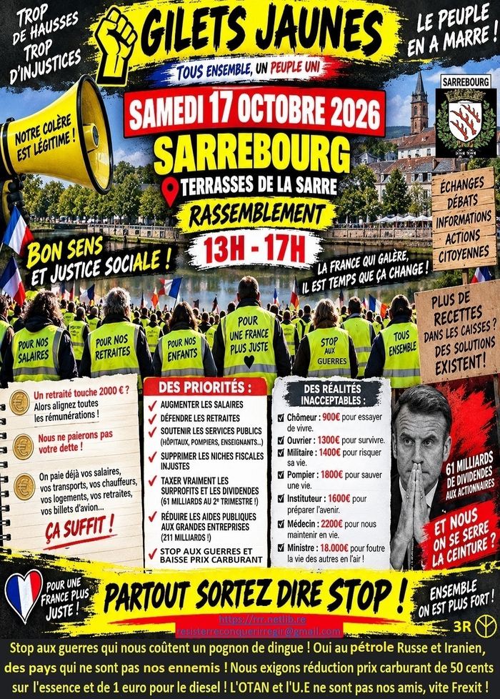 Des Gilets-jaunes très mécontents qui veulent réduction prix carburant et la fin des guerres.