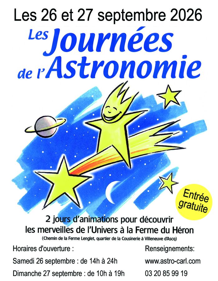 2 jours d'animations pour découvrir les merveilles de l’Univers les samedi 26 (de 14h00 à 24h00) et dimanche 27 septembre 2026 (de 10h00 à 19h00). Ferme du Héron, Parking Ferme Petitprez (Quanta).