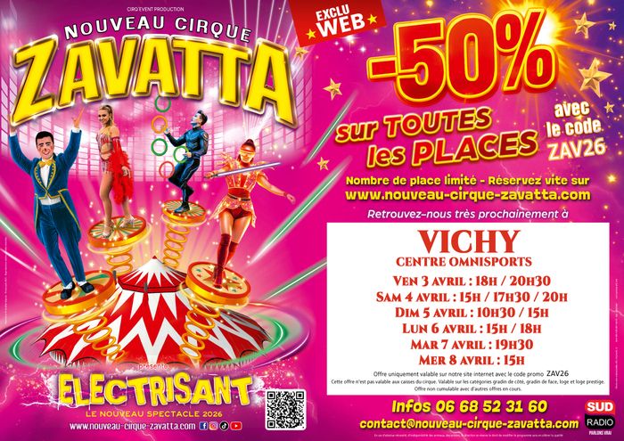 VICHY – Centre Omnisports Ven 27 mars : 18h / 20h30 Sam 28 mars : 15h / 17h30 / 20h Dim 29 mars : 10h30 / 15h Mar 31 mars : 19h30 Mer 1er avril : 15h