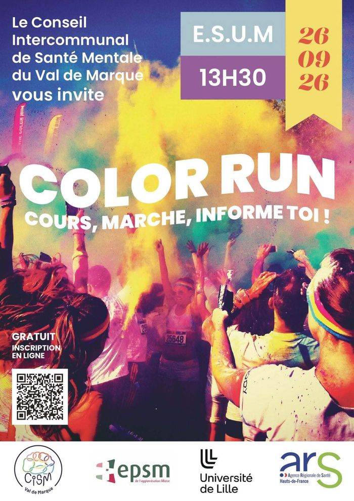 Le 26 septembre à partir de 13h30, le CISM organise une Color Run dans le cadre de septembre jaune (mois de prévention au risque suicidaire) aux ESUM.