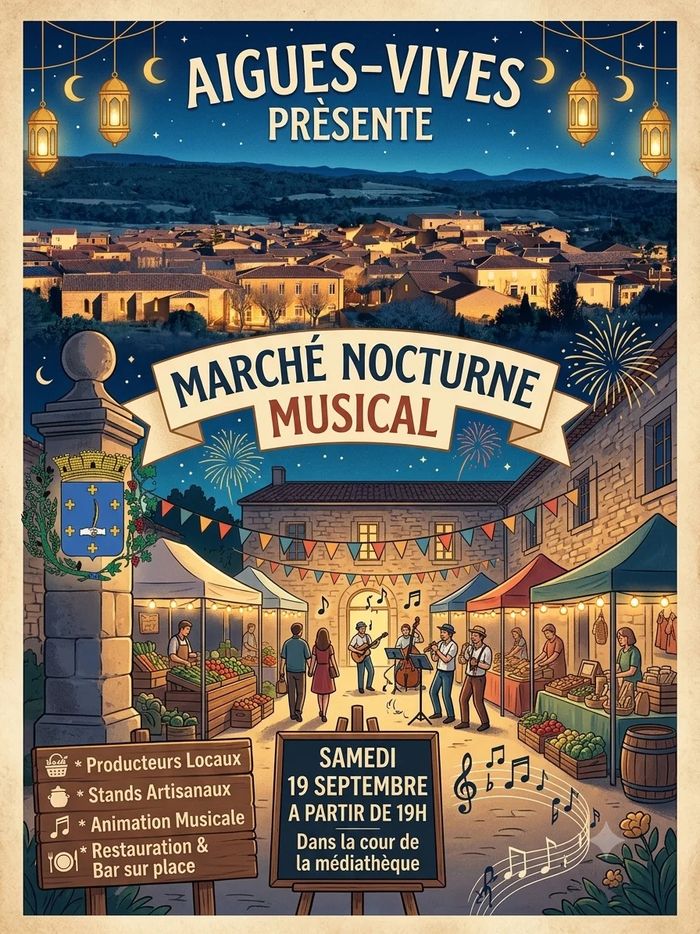 Rendez-vous dans le cadre charmant de la cour de la médiathèque d'Aigues-Vives pour une soirée festive et gourmande.