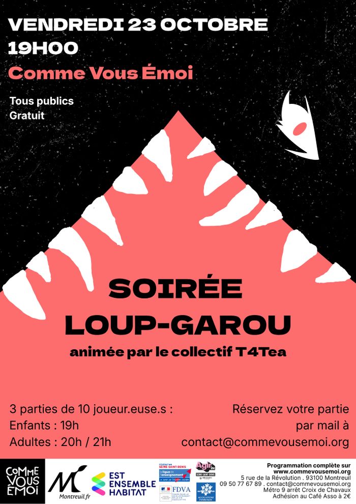 Rejoignez-nous pour une soirée jeux de rôle avec trois parties du célèbre jeu "Loup-Garou" pour les petit.e.s et les grand.e.s !
