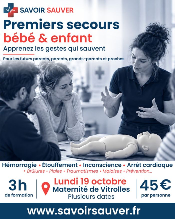 Apprenez les gestes de premiers secours pour bébé et enfant : étouffement, hémorragies, perte de connaissance et arrêt cardiaque. Un atelier pratique avec des exercices sur mannequins.