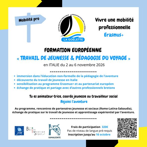 Le Centre de Formation par et à la Mobilité "La Goélette" vous partage une opportunité de mobilité pour les professionnels en Italie du 2 au 6 novembre.