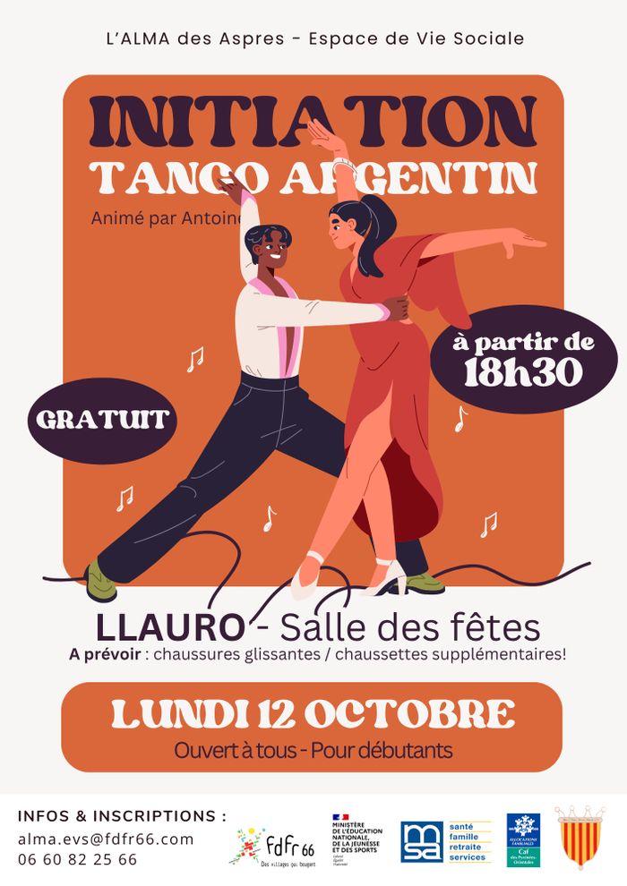 Initiation gratuite au tango argentin à Llauro, ouverte à tous. Venez découvrir les bases de cette danse élégante dans une ambiance conviviale.