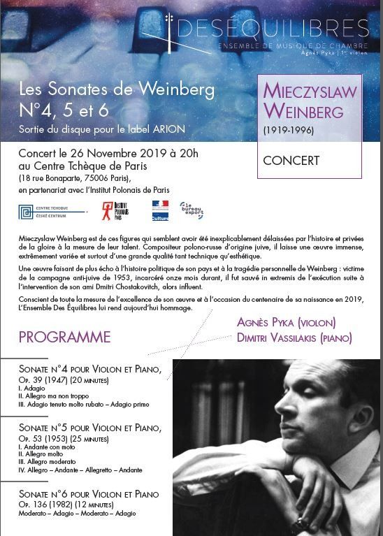 Pour la sortie du nouveau disque de l’ensemble, le Centre tchèque accueille Agnès Pyka et Dimitri Vassilakis pour interpréter les Sonates 4, 5 et 6 pour violon et piano de M. Weinberg.