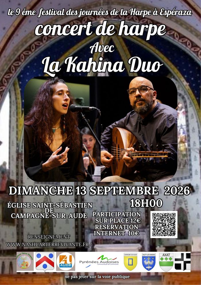 Dans le cadre des 9ᵉ Journées de la Harpe, La Kahina Duo vous invite à un voyage musical entre voix, oud et harpe, inspiré des traditions méditerranéennes. 13 septembre, 18 h, Campagne-sur-Aude.