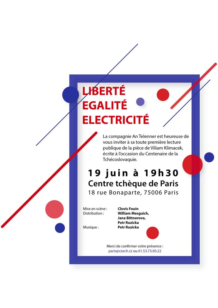 La compagnie An Telenner est heureuse de vous inviter à sa toute première lecture publique de la pièce de Viliam Klimacek, écrite à l'occasion du Centenaire de la Tchécoslovaquie.